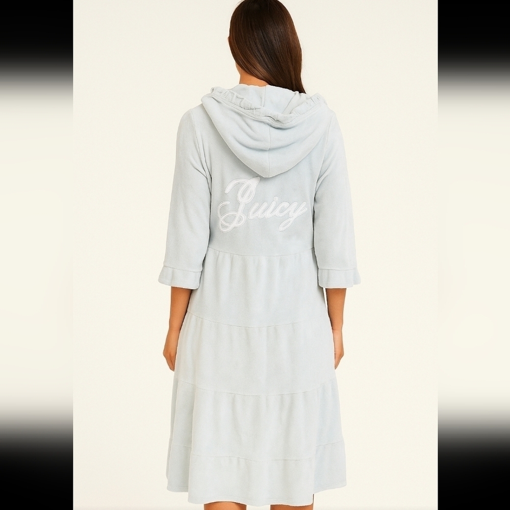 Juicy Couture Vintage Y2K Womens Light Blue Terry Tiered Bling Hooded Robe M